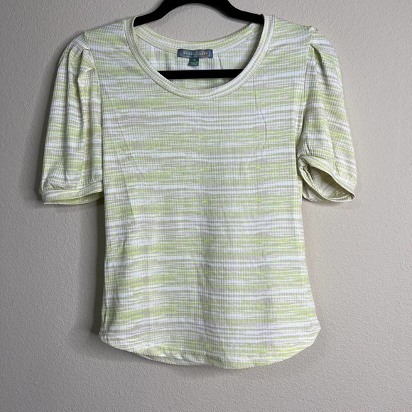 Good Luck Gem Striped Puff Sleeve Top Ribbed‎ Knit Tee Chartreuse White M - Picture 1 of 10